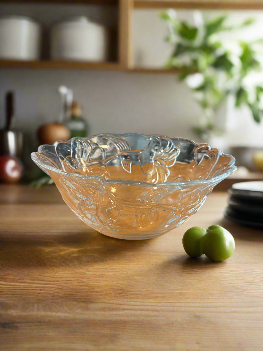 Large Clear Glass Fruit Bowl With 6 Small Fruit Cups Embossed Flowers On All