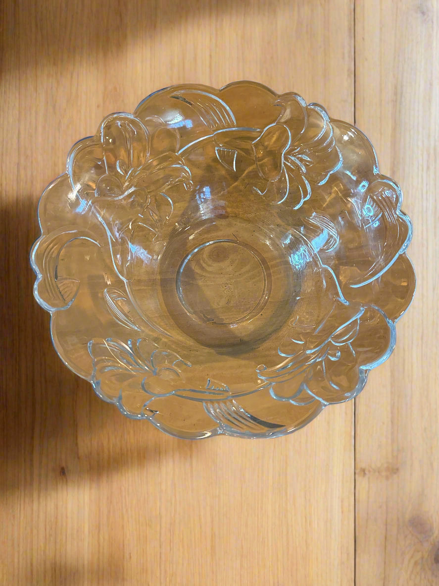 Large Clear Glass Fruit Bowl With 6 Small Fruit Cups Embossed Flowers On All