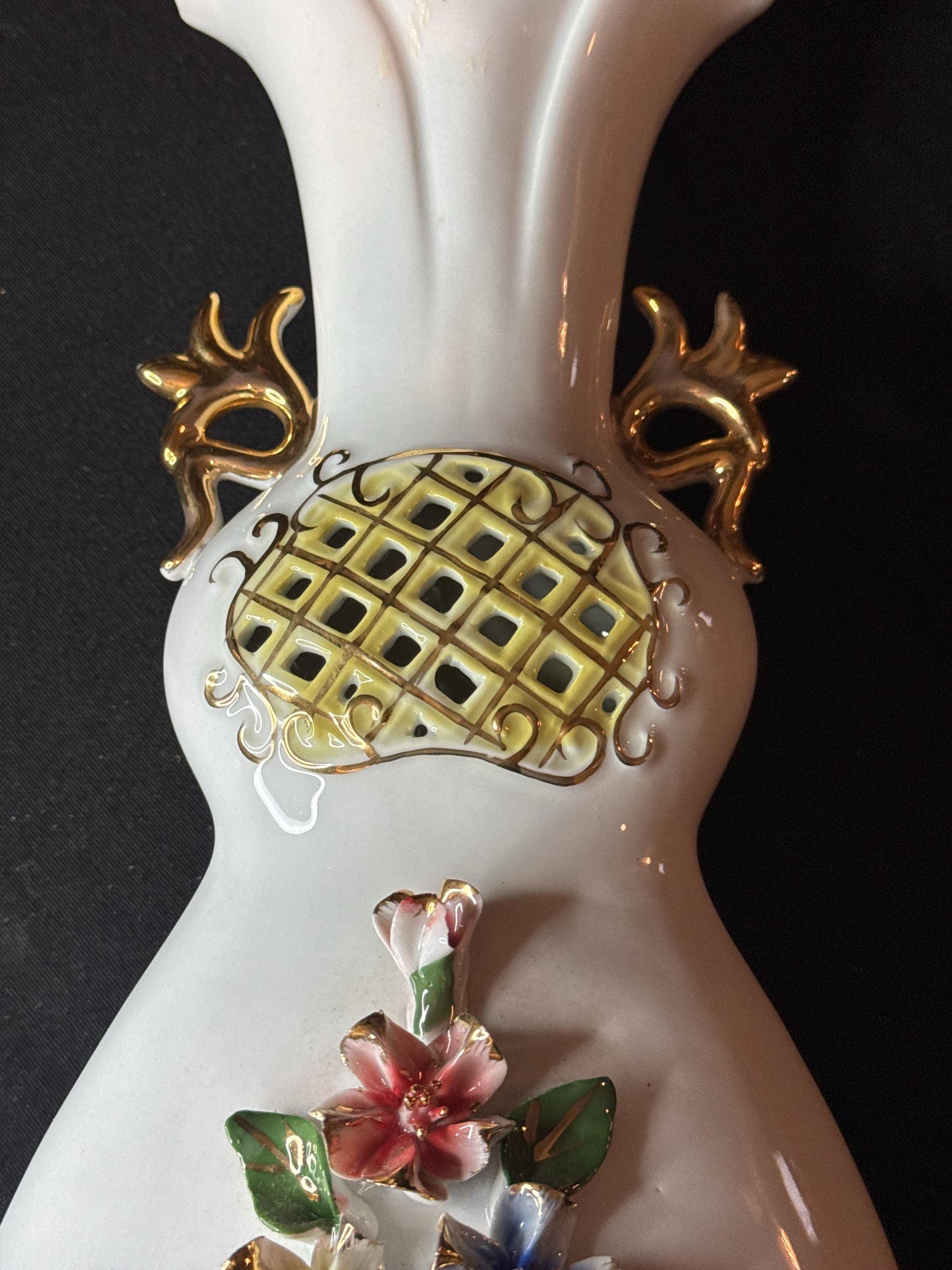 Large 14" Porcelain Vase with 3D Flowers and Honeycomb center and Handles