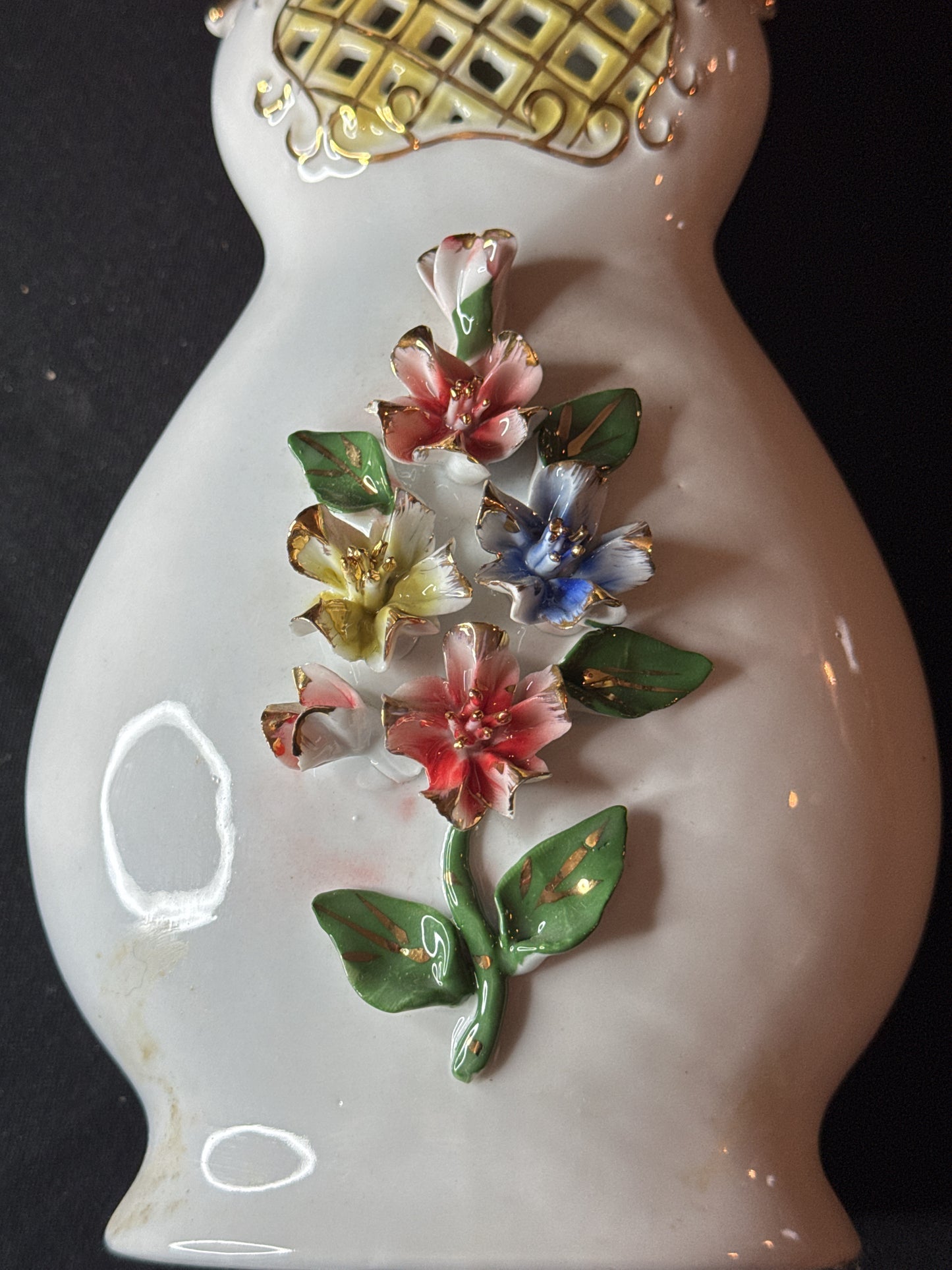 Large 14" Porcelain Vase with 3D Flowers and Honeycomb center and Handles