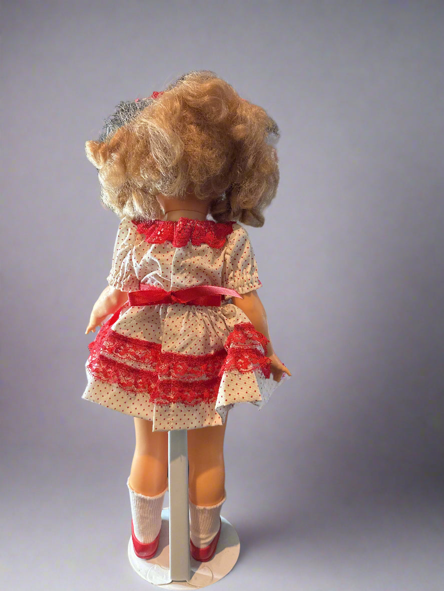 Vintage Hard Plastic Shirley Temple Doll 16" With Stand Red Shoes