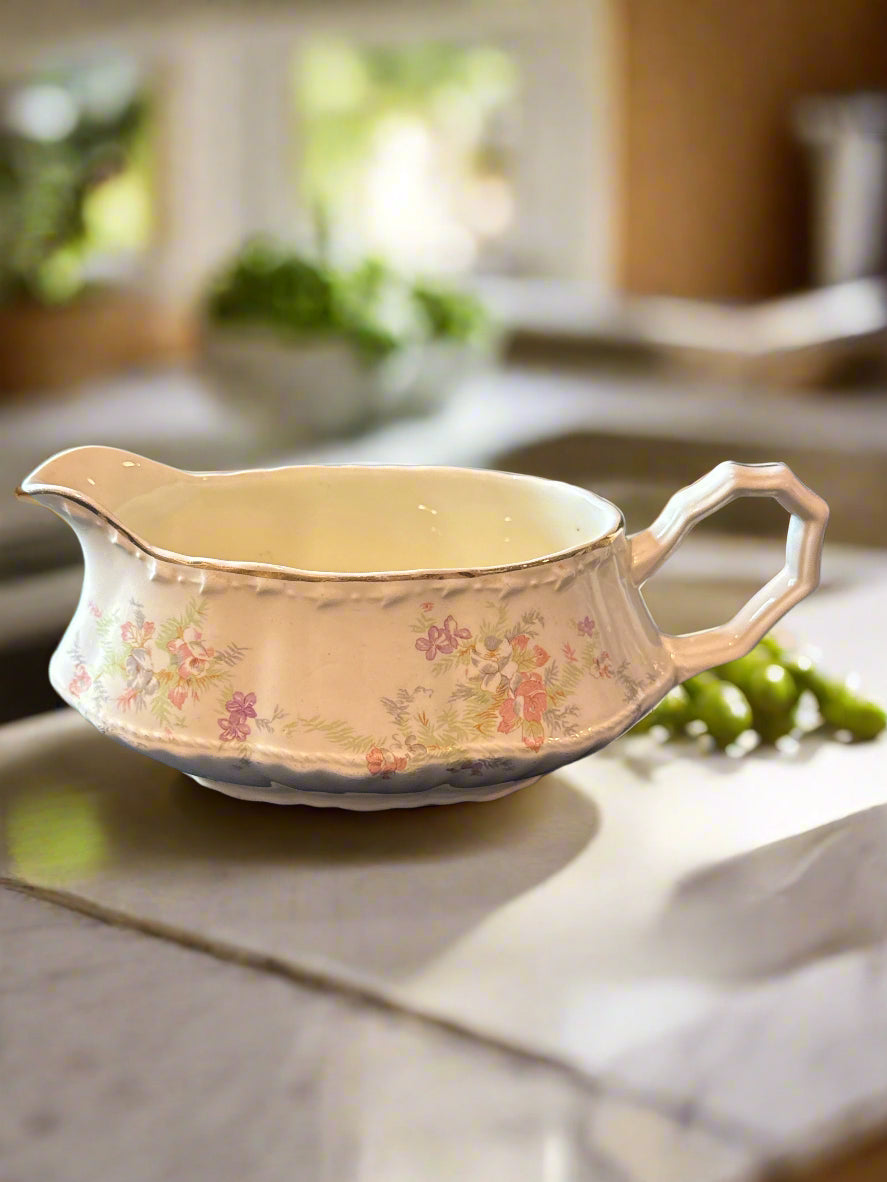 Crooksville China Co. Gravy Boat Vintage Floral Pattern With Gold Trim 8" Long