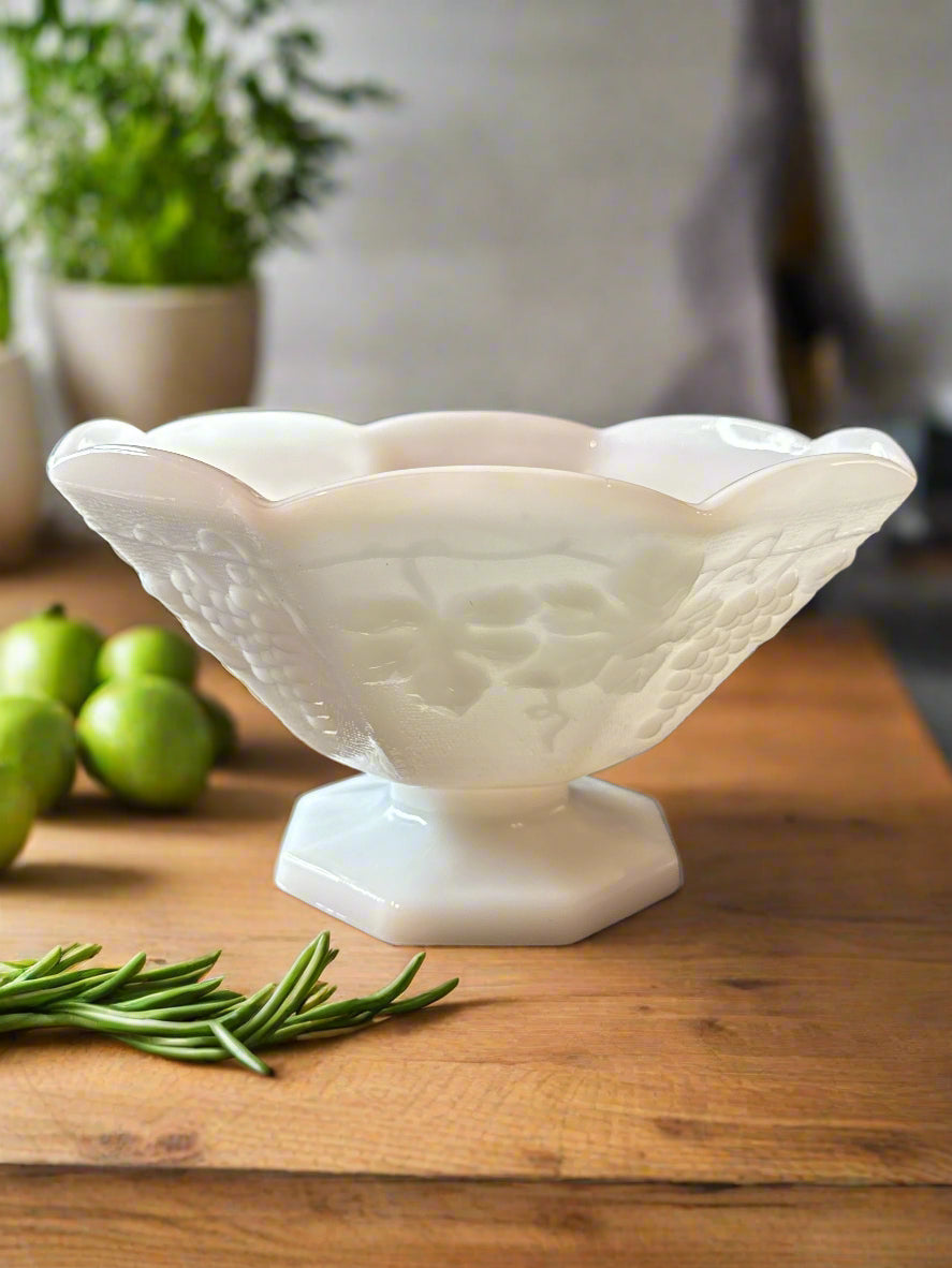 White Milk Glass Octagon Fruit Bowl Centerpiece Pedestal Grape Flower Design 9" Wide 5.5" Tall