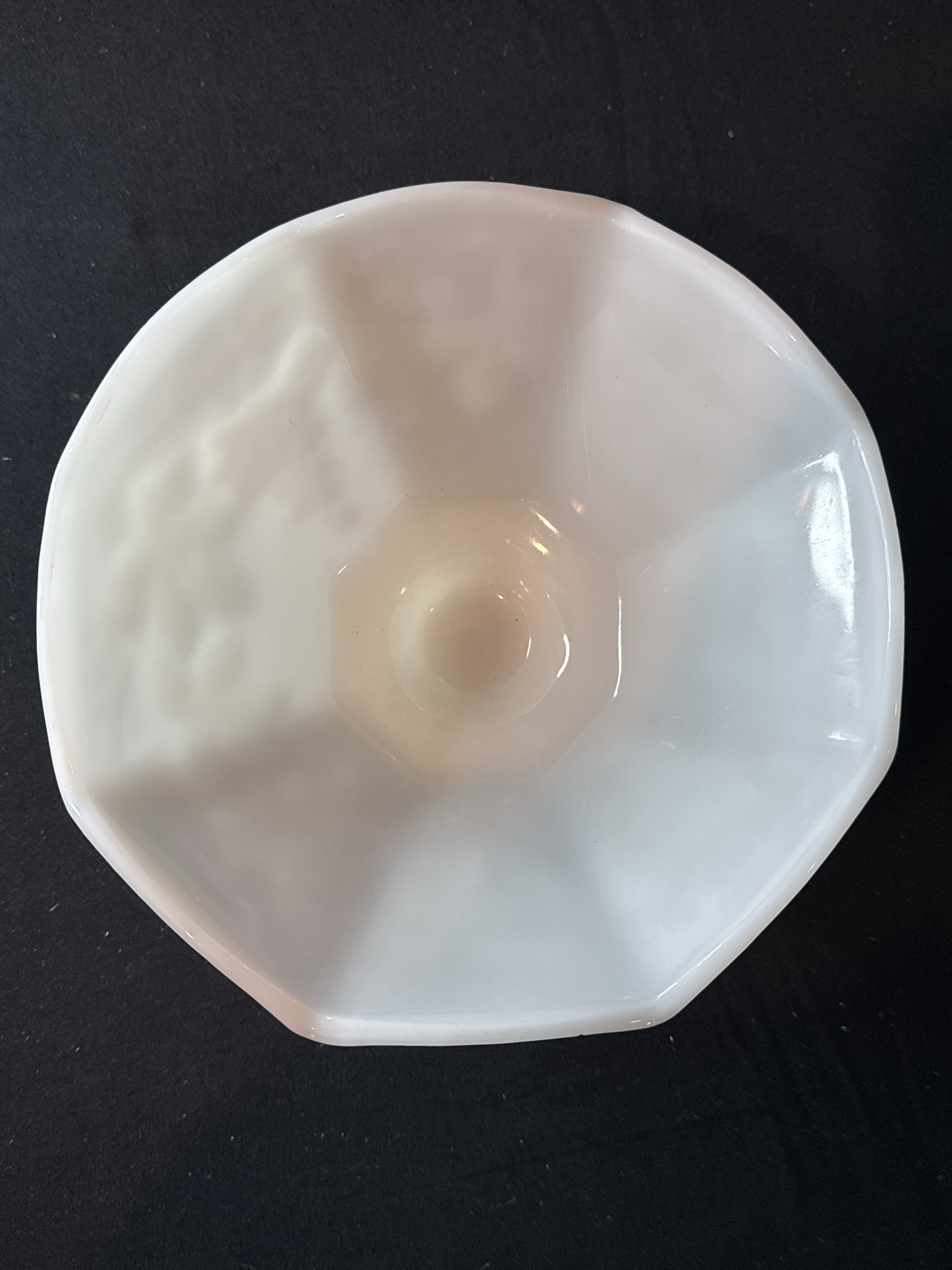 White Milk Glass Octagon Fruit Bowl Centerpiece Pedestal Grape Flower Design 9" Wide 5.5" Tall