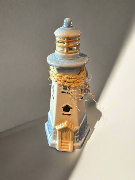 Ceramic Cream Lighthouse With Blue Accent Rope 5.5" Tall