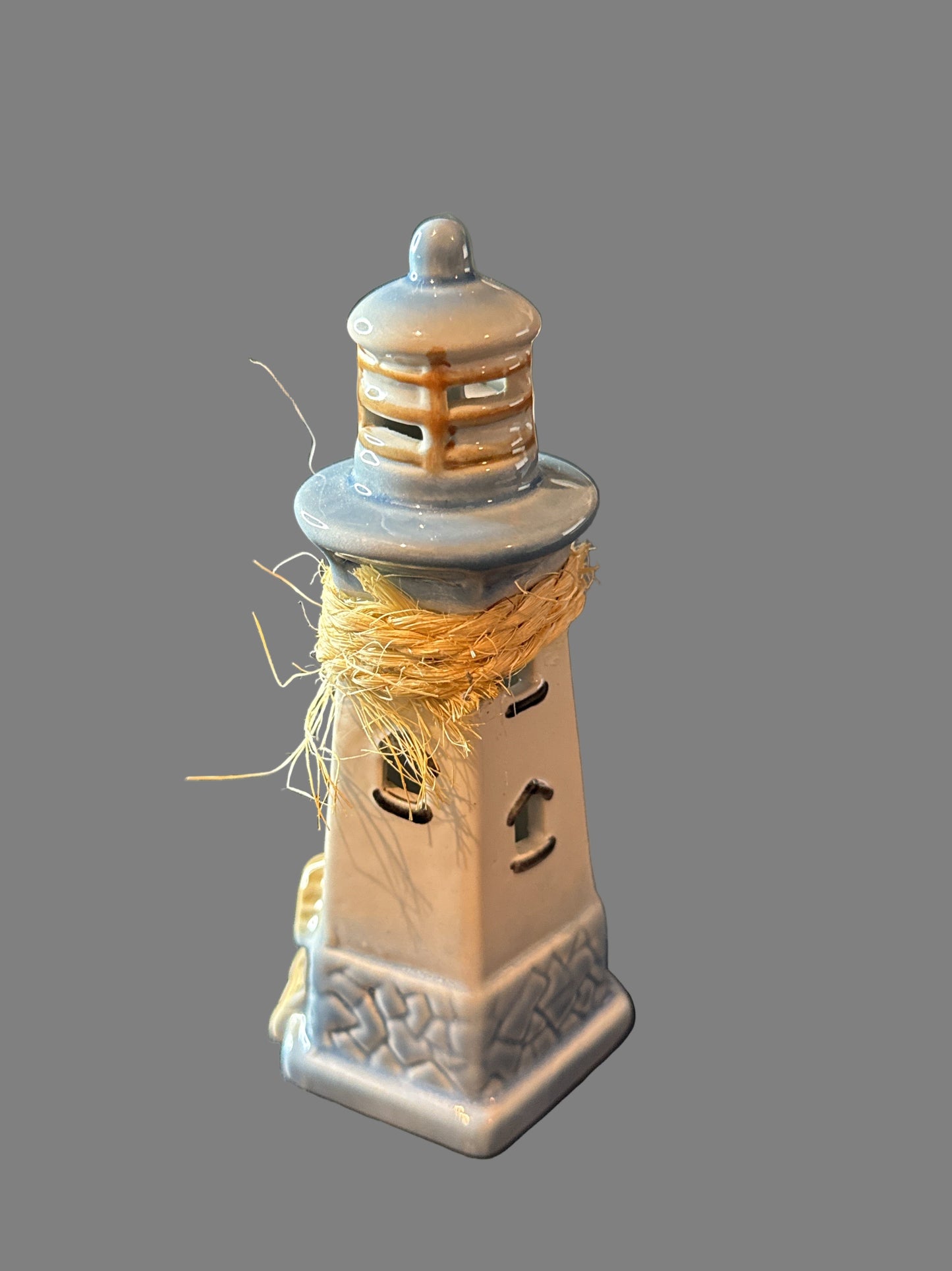 Ceramic Cream Lighthouse With Blue Accent Rope 5.5" Tall