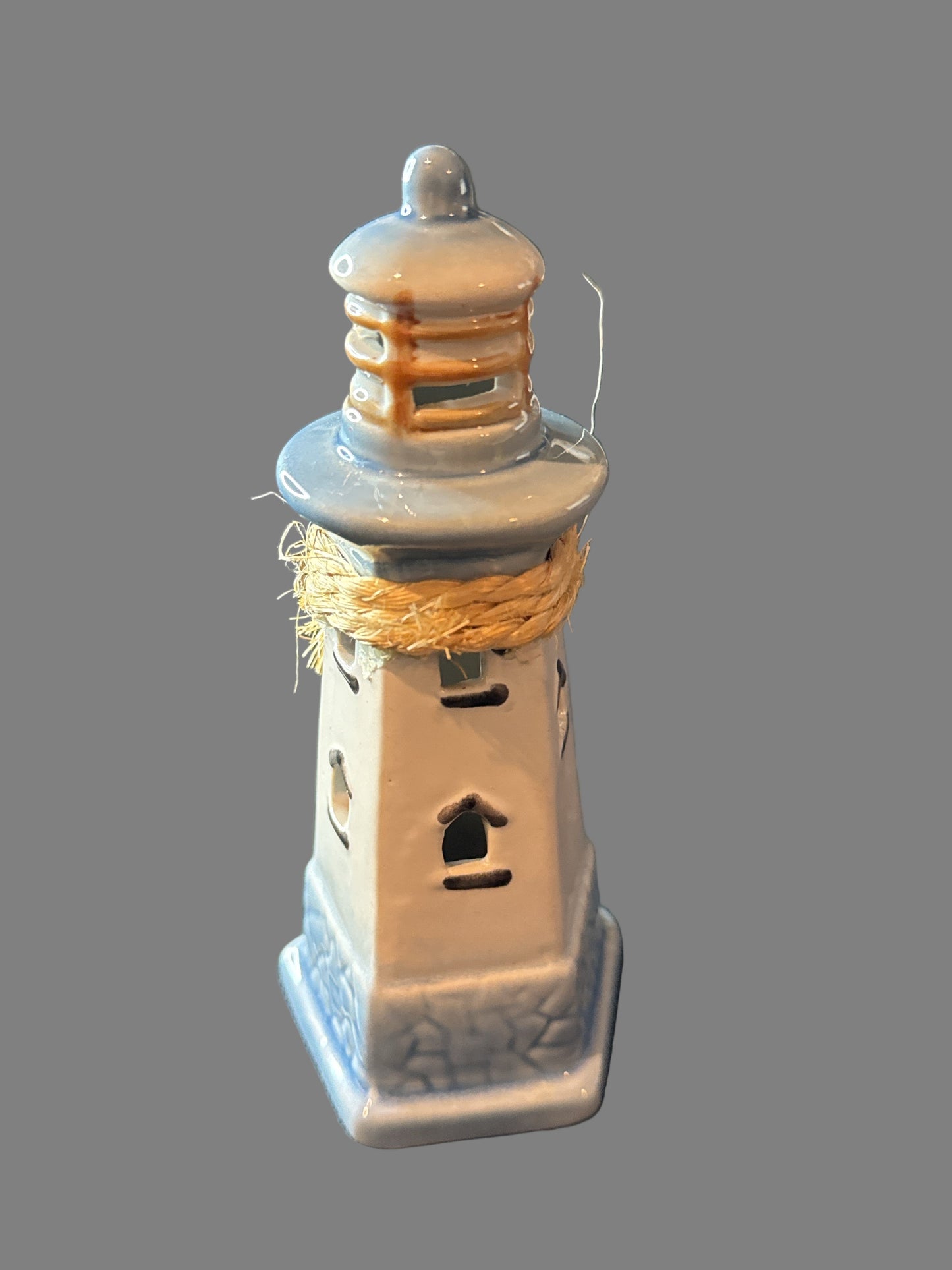 Ceramic Cream Lighthouse With Blue Accent Rope 5.5" Tall