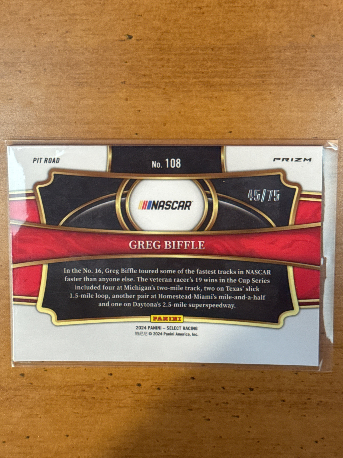 2024 Panini Select NASCAR Pit Road Purple Prizm Greg Biffle #108 Numbered 45/75 New