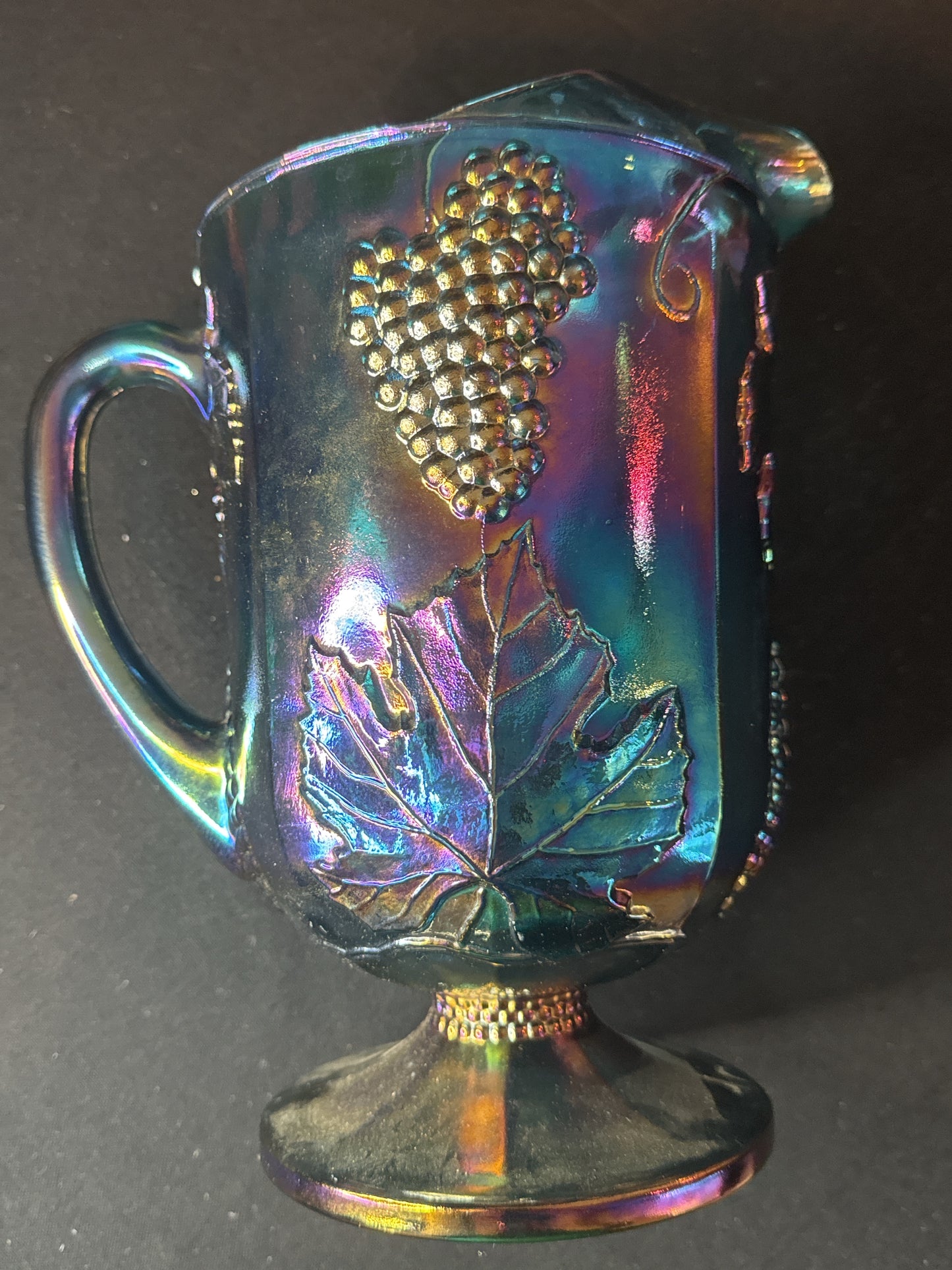 Harvest Carnival Blue Glass Pitcher 64oz by Colony Grapes and Leaves Pattern 10.5" Tall