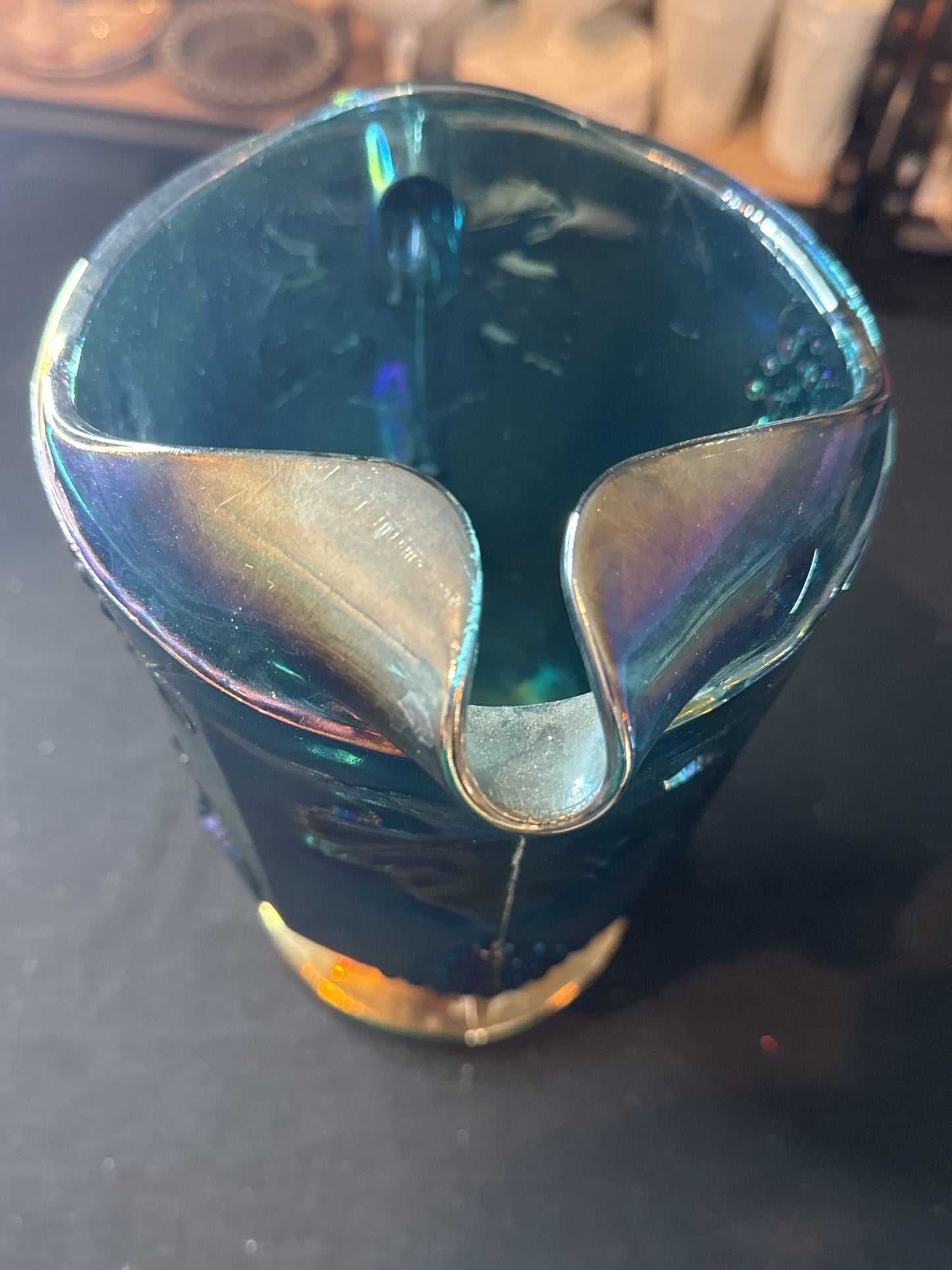 Harvest Carnival Blue Glass Pitcher 64oz by Colony Grapes and Leaves Pattern 10.5" Tall