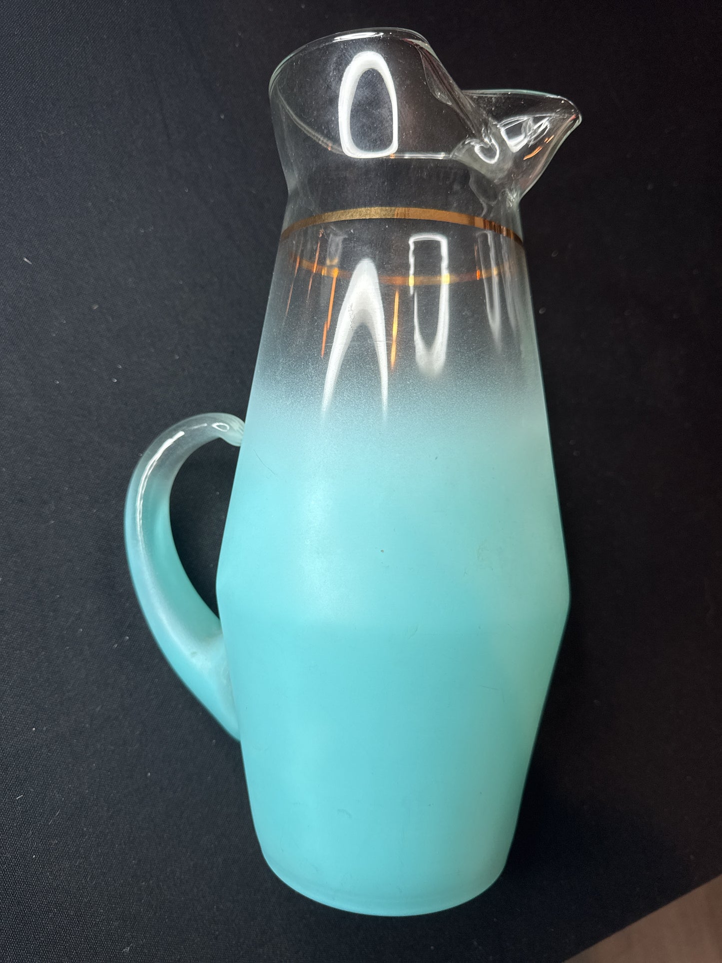 West Virginia Glass Blendo Pattern Turquoise 80oz Pitcher & 6 Colored Tumblers 5.25" Tall