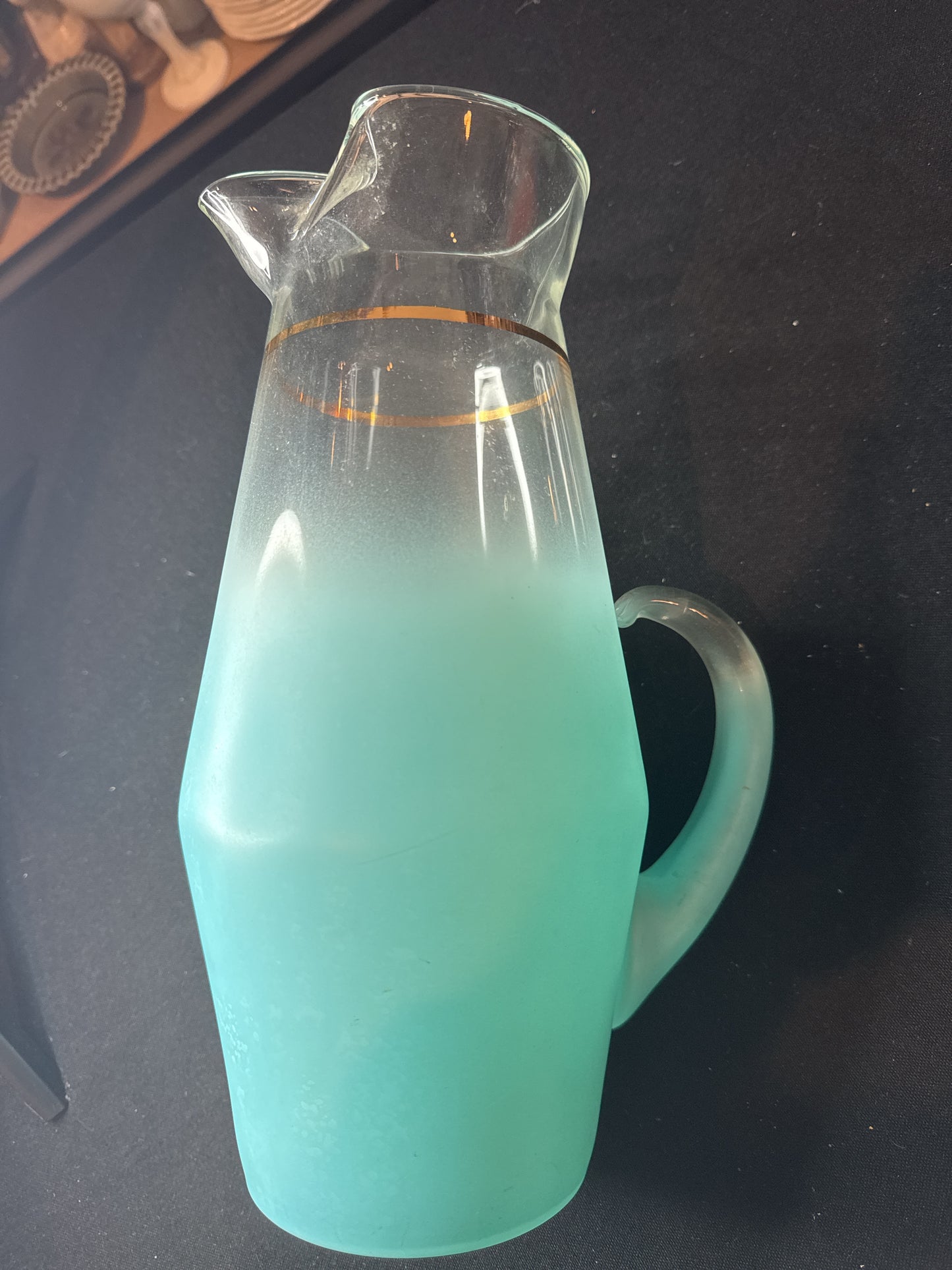 West Virginia Glass Blendo Pattern Turquoise 80oz Pitcher & 6 Colored Tumblers 5.25" Tall