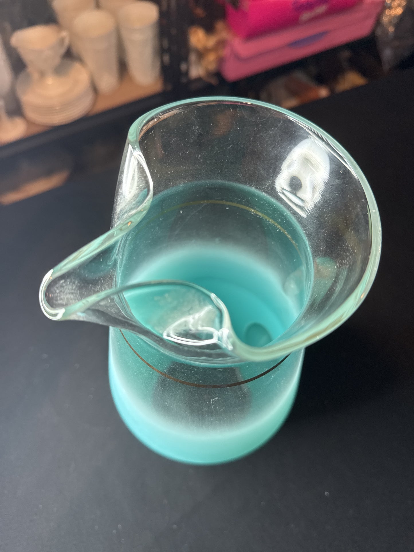 West Virginia Glass Blendo Pattern Turquoise 80oz Pitcher & 6 Colored Tumblers 5.25" Tall