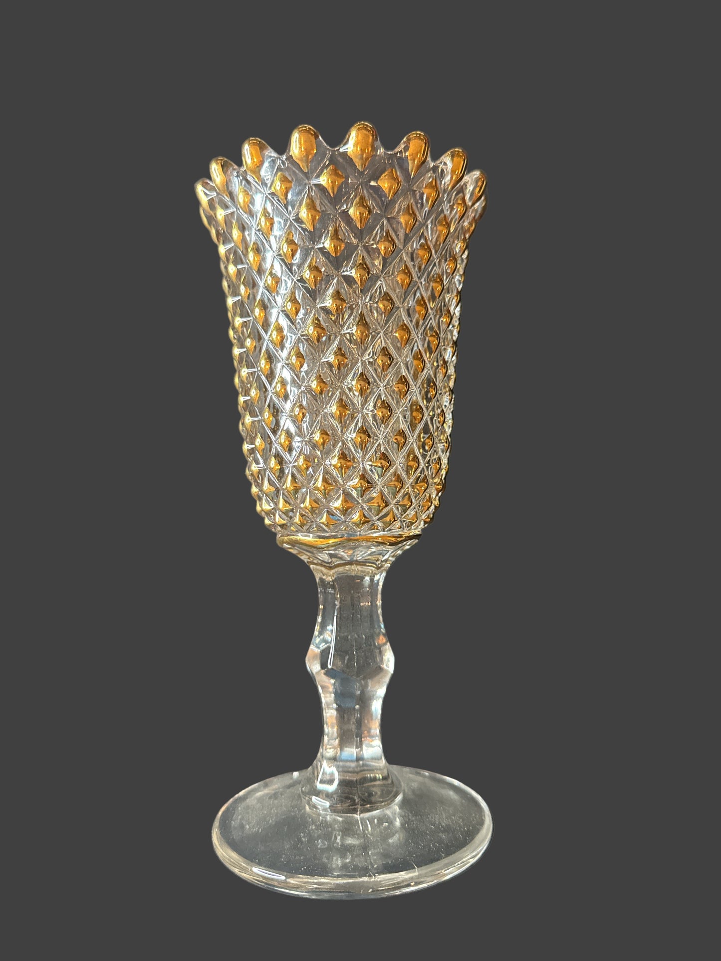 Vintage Imperial Clear Glass Vase Diamond Point Weeping Gold Accents X 9 3/8" Tall