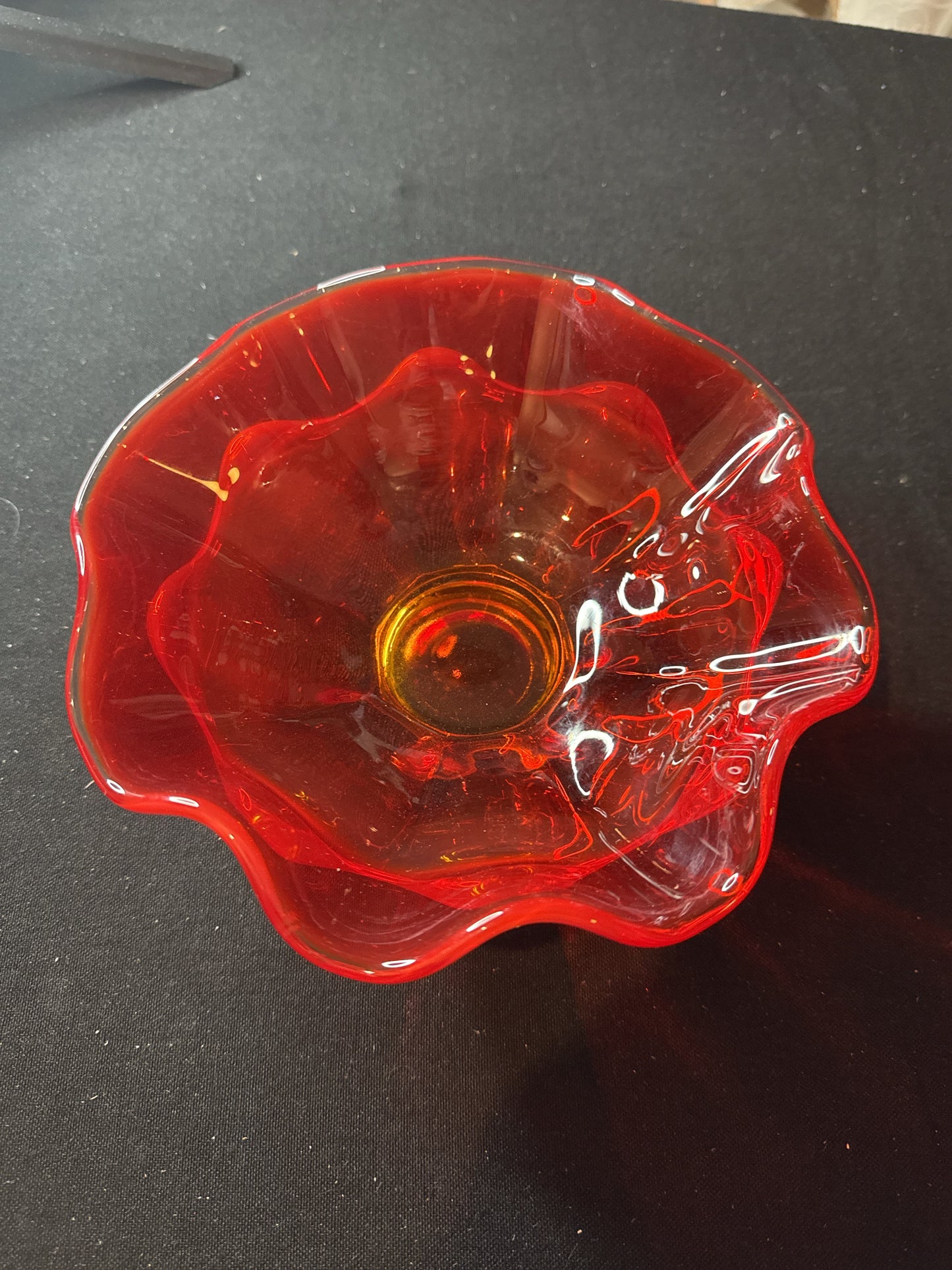 Vintage Viking Amberina Persimmon Glass Candy dish Double Ruffle 8" Wide 3.25" Tall