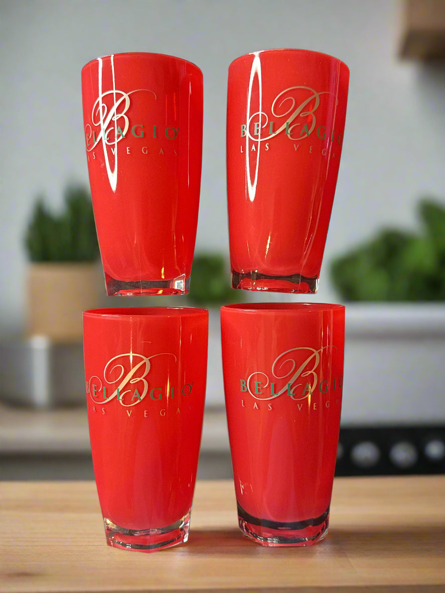 Set of 4 Acrylic Red Bellagio Las Vegas Glasses 5 3/8" Tall New