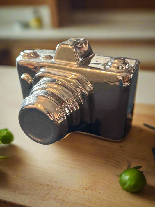 Ceramic Silver Camera Statue Decorative Figurine Home Decor Photography 4.5" Tall x 6" Long