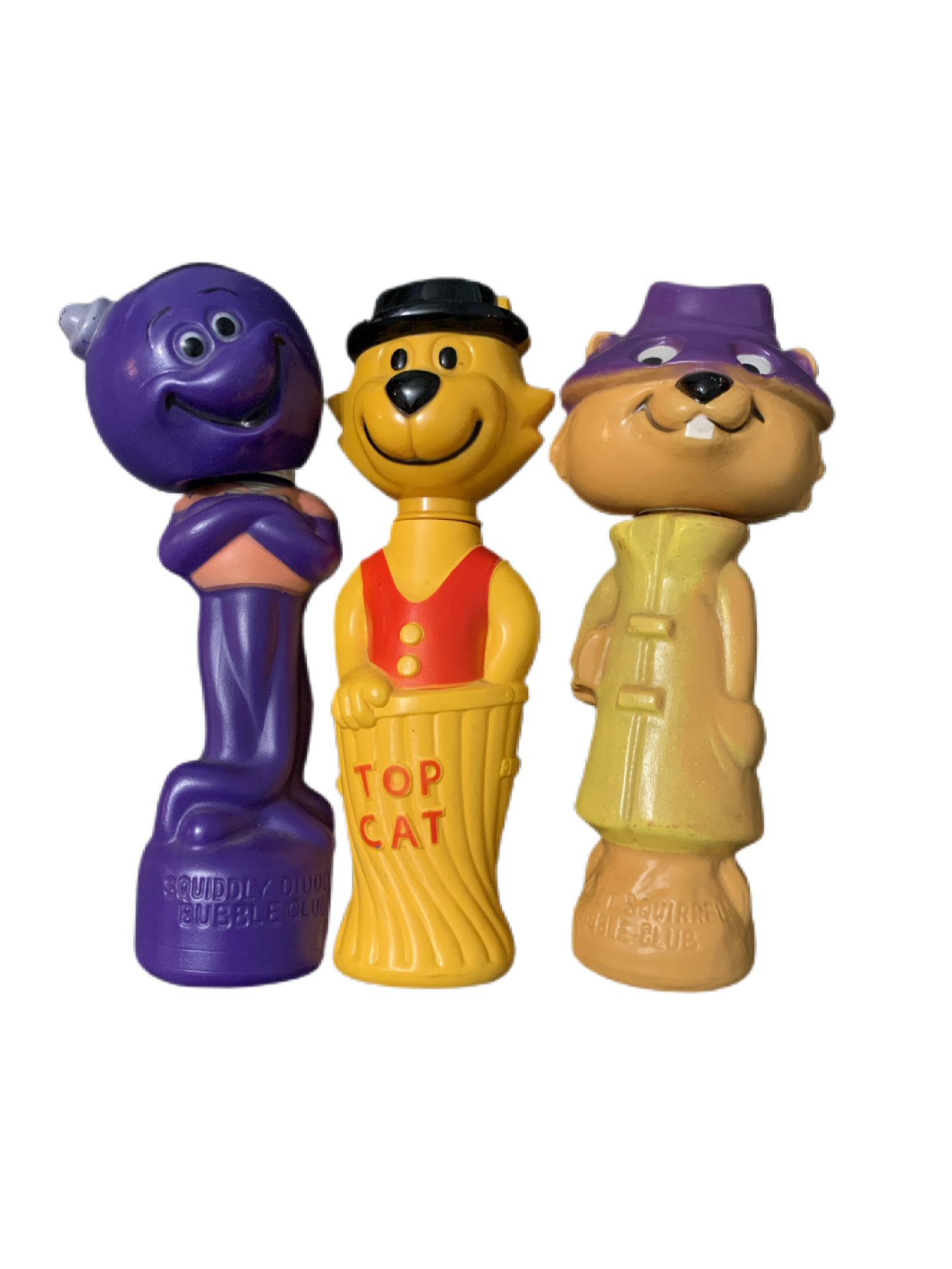 Bubble Club Cartoon Characters Secret Squirrel, Top Cat, and Squiggly Diddly Bubble Bath Bottle 1960s