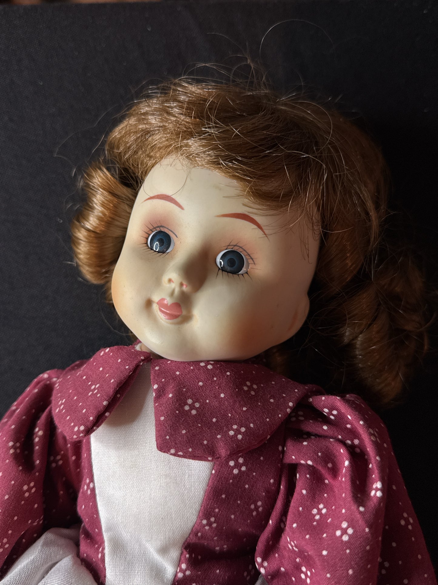 Vintage Porcelain Doll 15" Tall Red Dress Shoes Curly Hair With Stand