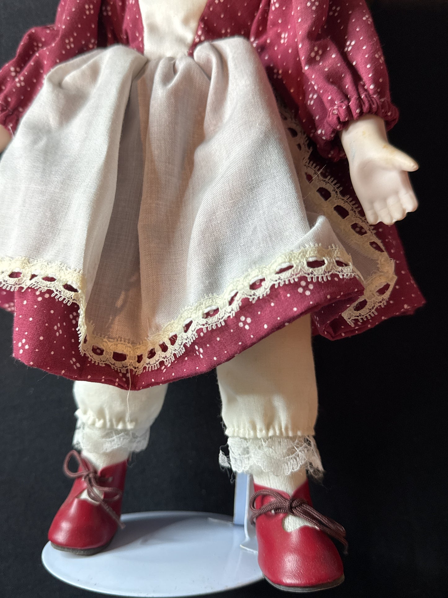 Vintage Porcelain Doll 15" Tall Red Dress Shoes Curly Hair With Stand