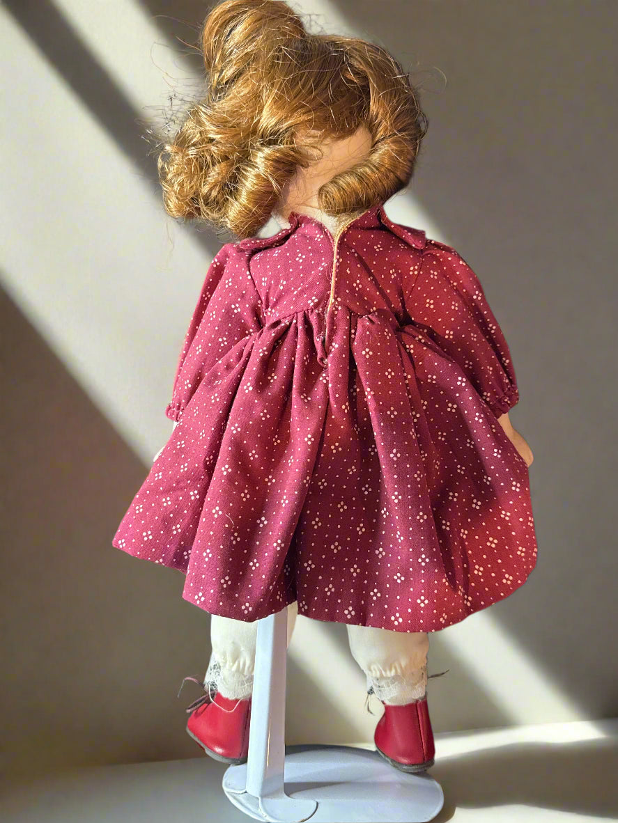 Vintage Porcelain Doll 15" Tall Red Dress Shoes Curly Hair With Stand