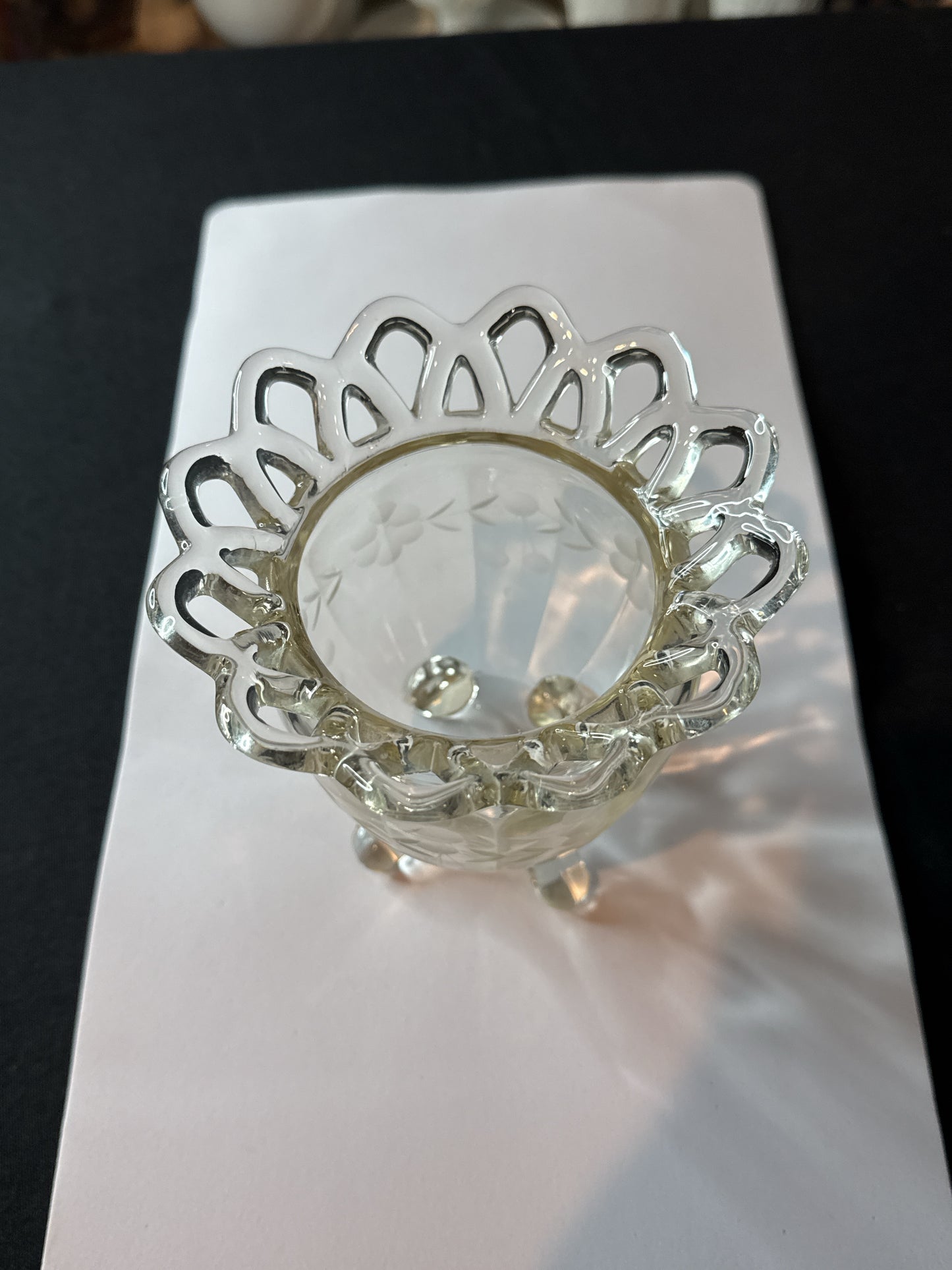 Vintage Imperial Glass Clear Glass Etched Footed Rose Bowl Scalloped Top 5" Tall