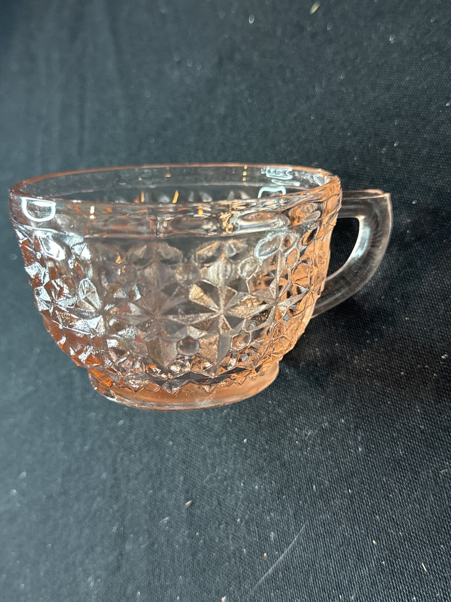 Vintage Jeannette Pink Depression Glass Cup, Holiday Buttons & Bows Pattern 2.25" Tall