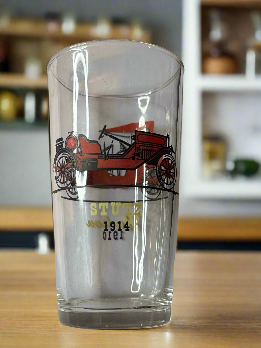 Vintage Hazel Atlas Double Sided Antique Cars Glass 1910 Hudson, 1914 Stutz 5" Tall