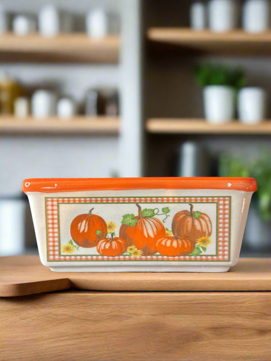 Ceramic Pumpkin Autumn Fall Mini Loaf Pan Candy Dish 6" Sunflowers Orange AC Moore