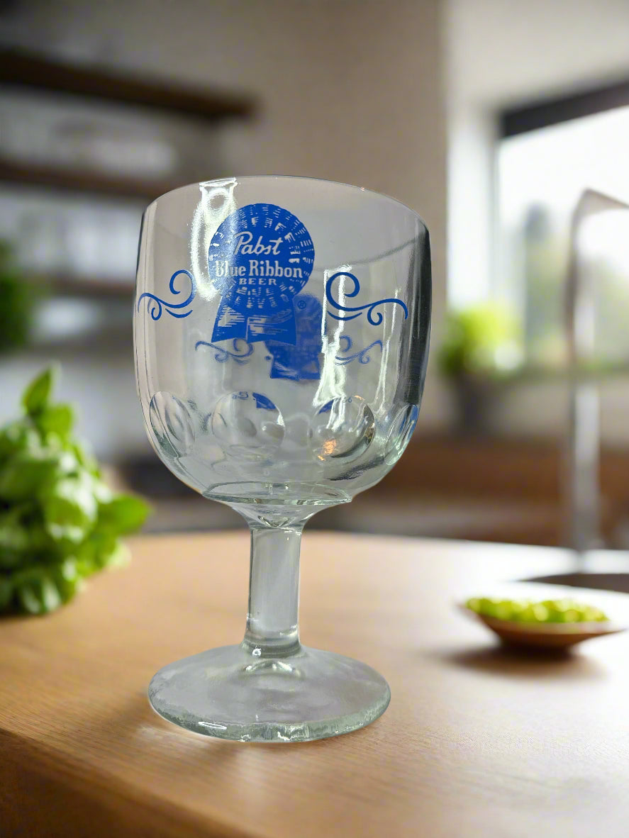Pabst Blue Ribbon Thumbprint Stemmed Glass Goblet 6" Tall Vintage Barware