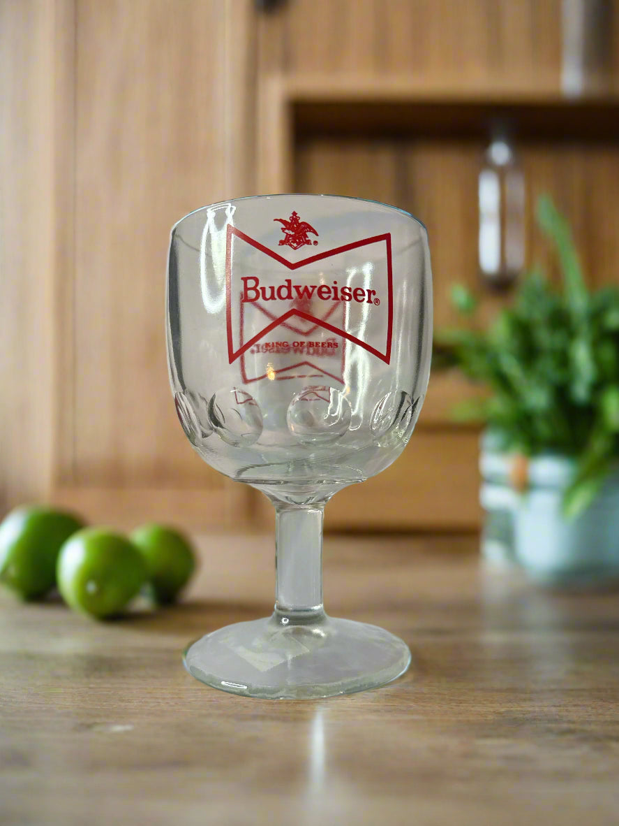 Budweiser Thumbprint Stemmed Glass Goblet 6" Tall Vintage Barware