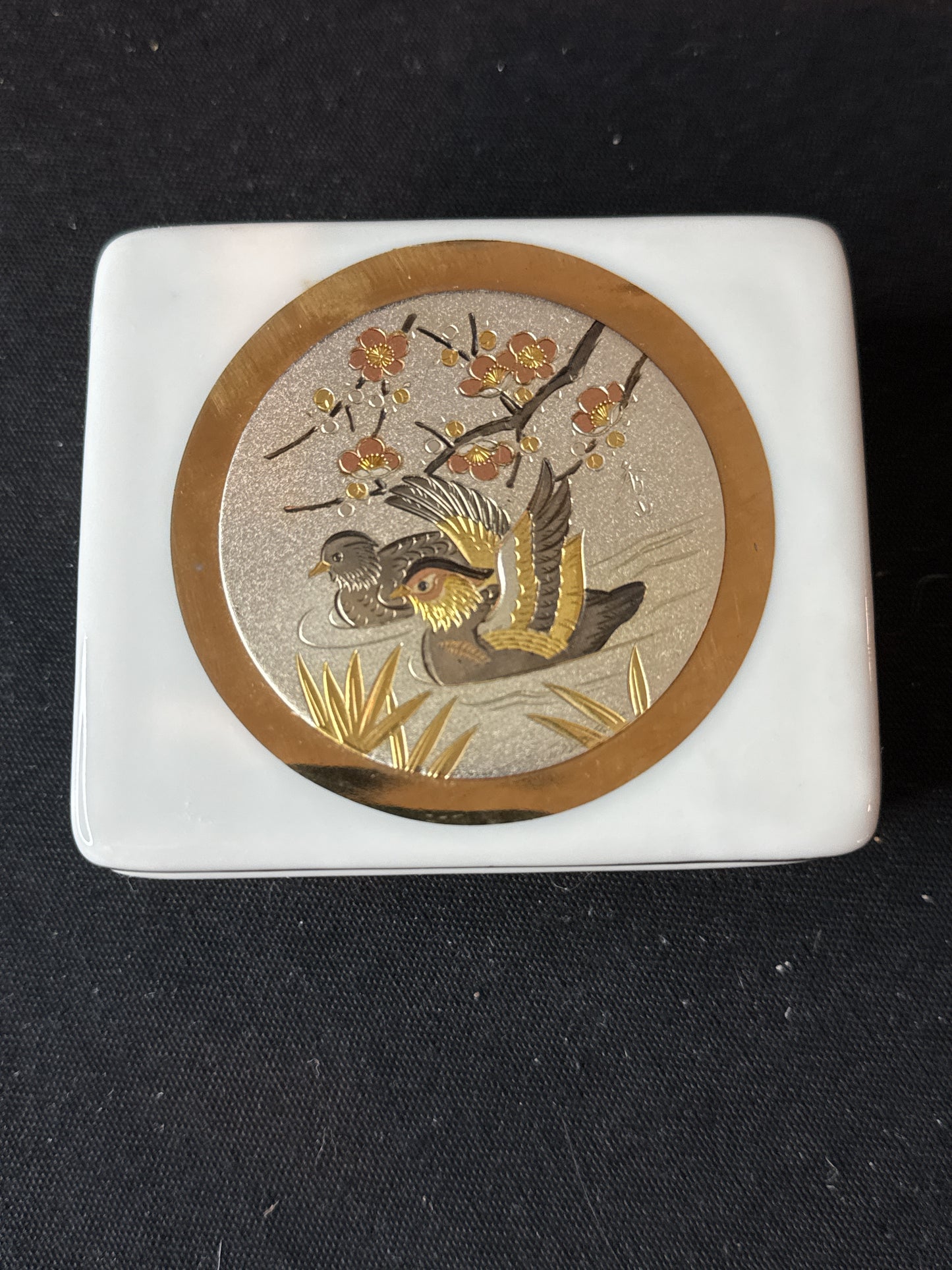 Art of Chokin 3.5" Porcelain Trinket Box 24k Gold Trim Ducks Mallards Japan