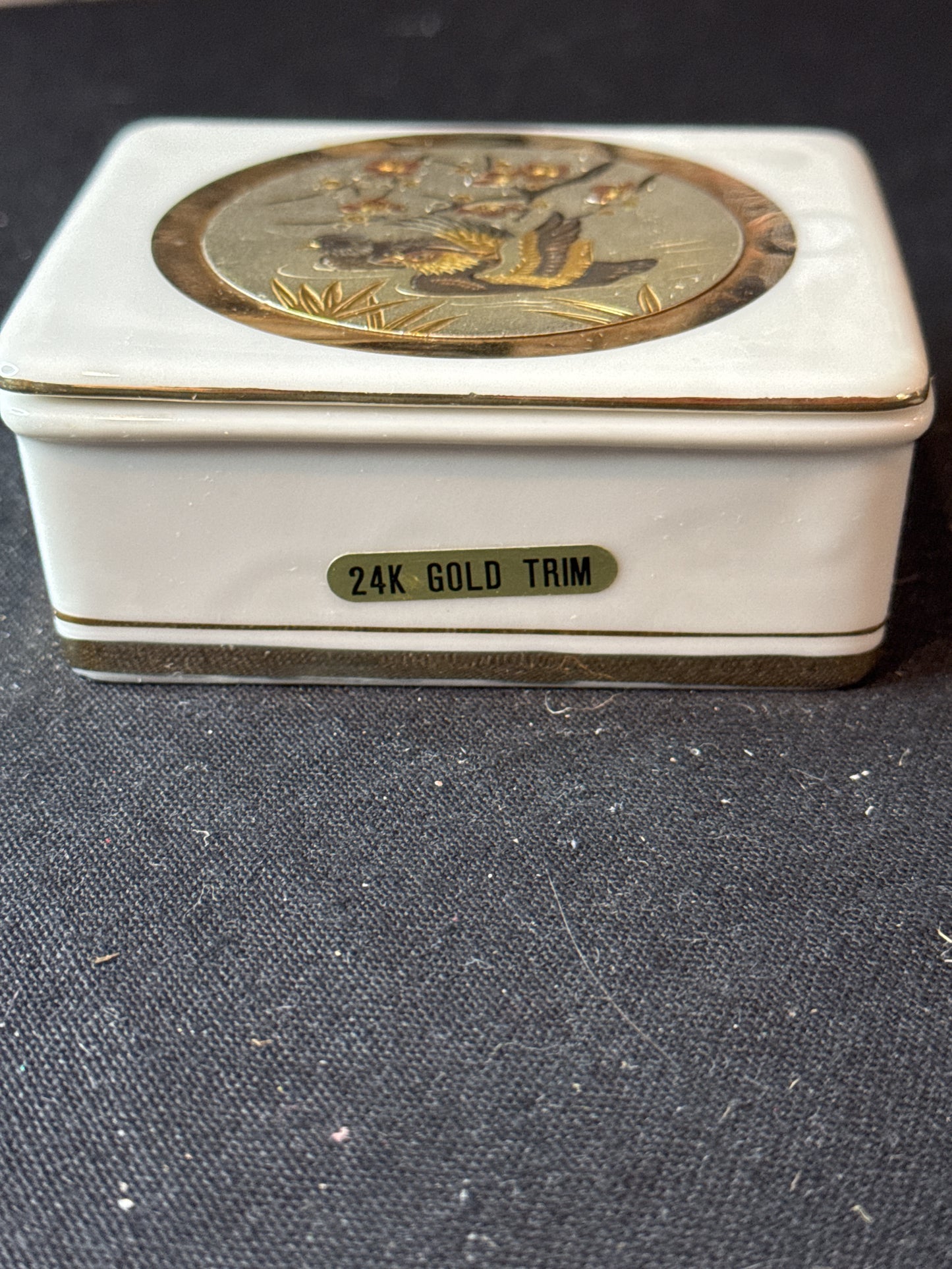 Art of Chokin 3.5" Porcelain Trinket Box 24k Gold Trim Ducks Mallards Japan