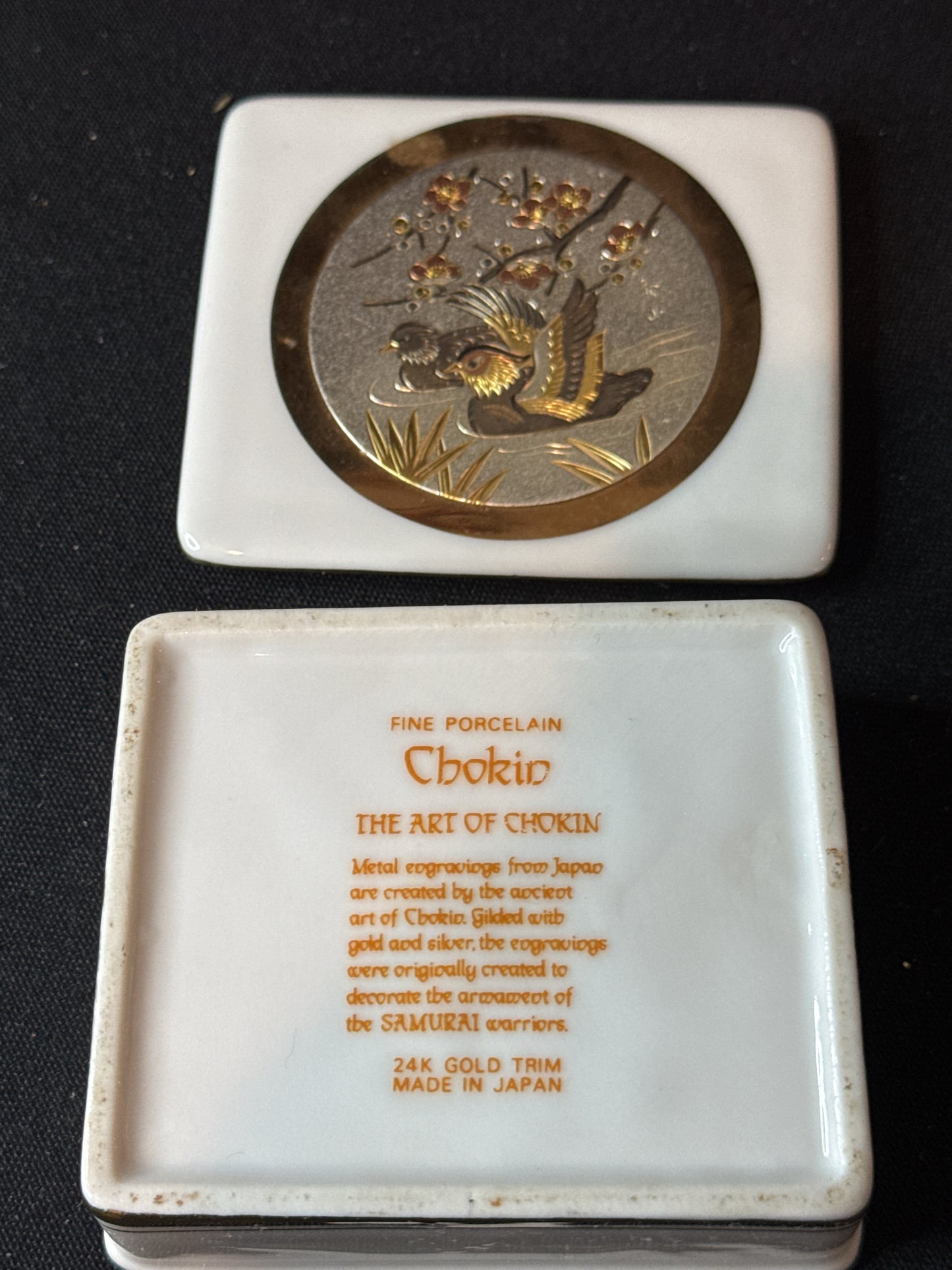 Art of Chokin 3.5" Porcelain Trinket Box 24k Gold Trim Ducks Mallards Japan