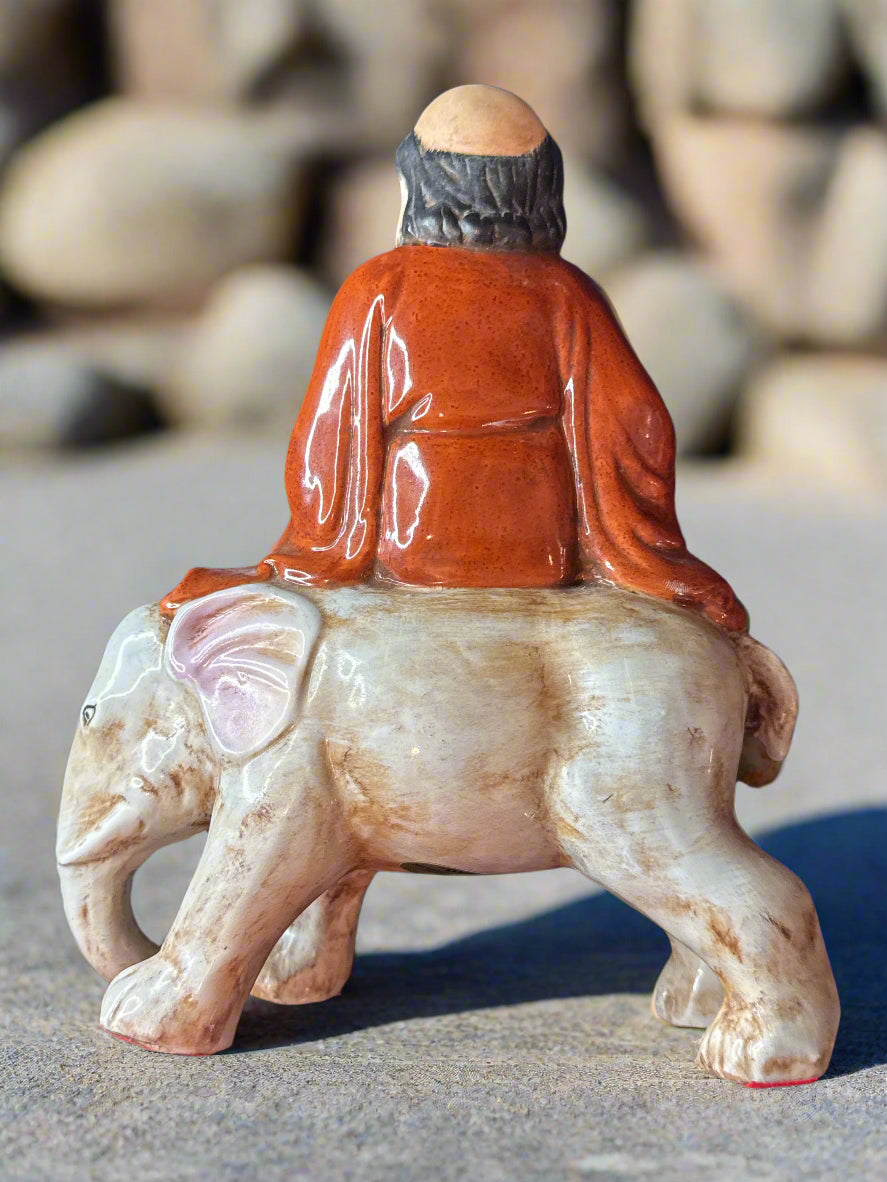 Heygill & H.F.P. Macau "Dynasty" Ceramic Asian Man on Elephant Reading Scrolls 10" Tall