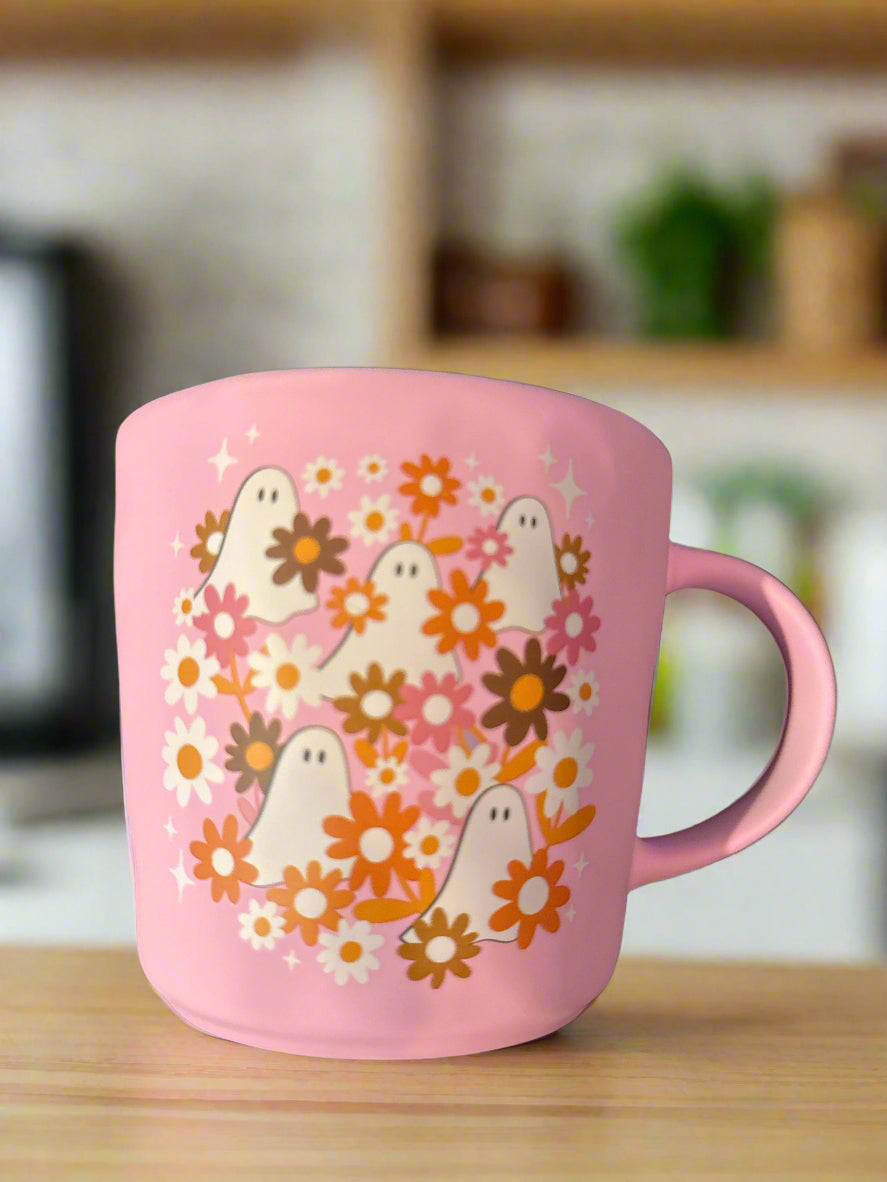 Fig & Fern Pink Halloween Ghosts Flowers Pink Interior Coffee Mug Cup 4" Tall x 4.25" Wide New