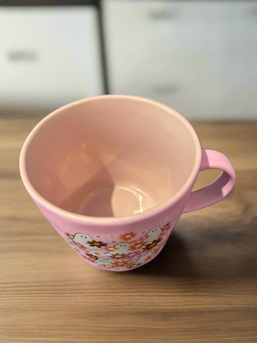 Fig & Fern Pink Halloween Ghosts Flowers Pink Interior Coffee Mug Cup 4" Tall x 4.25" Wide New
