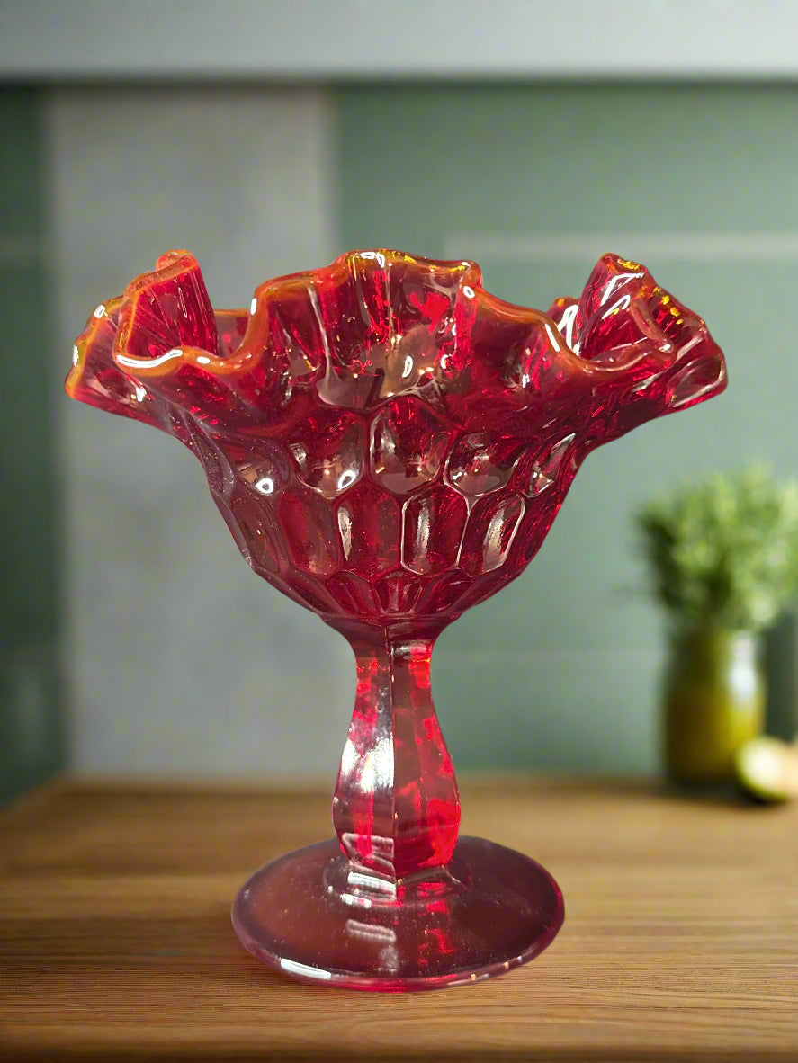 Fenton Glass Ruby Red Ruffled Thumbprint Pedestal Candy Dish Amberina Crest Glows 6"