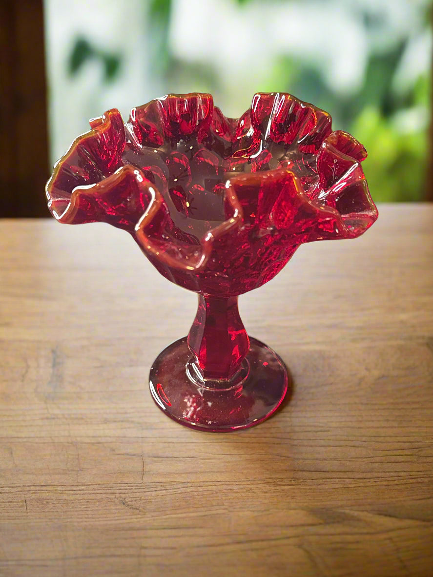 Fenton Glass Ruby Red Ruffled Thumbprint Pedestal Candy Dish Amberina Crest Glows 6"