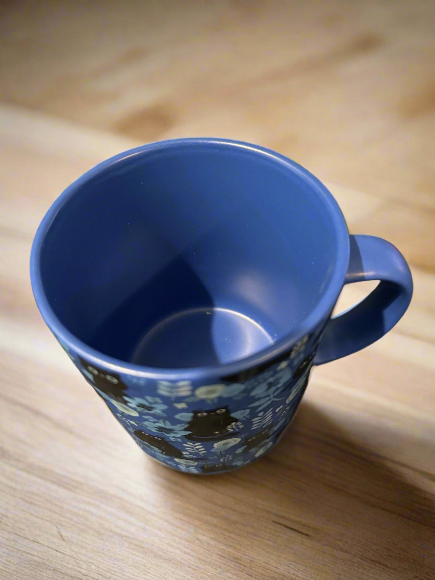 Blue w/ Blue Interior Halloween Black Cat Floral Coffee Mug Cup 4.5" Tall Fig & Fern New