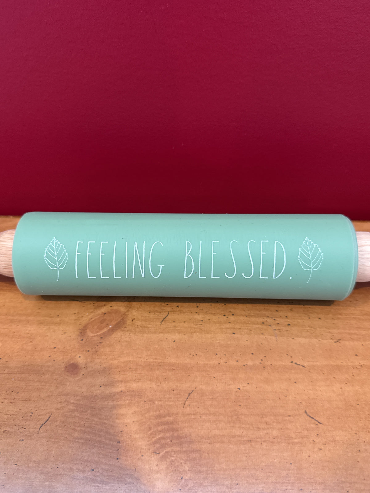 “Feeling Blessed” 15-Inch Mint Green Rolling Pin with Wooden Handles