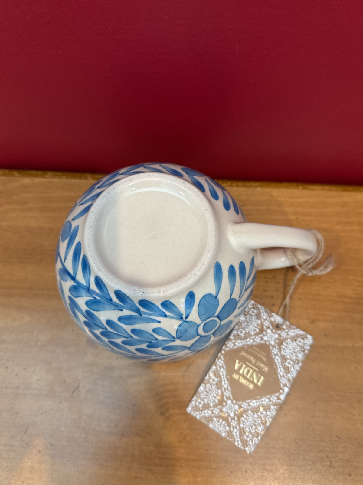 Blue & White Hand-Painted Leaf and Floral Coffee Mug, Made in India New 3.5" Tall