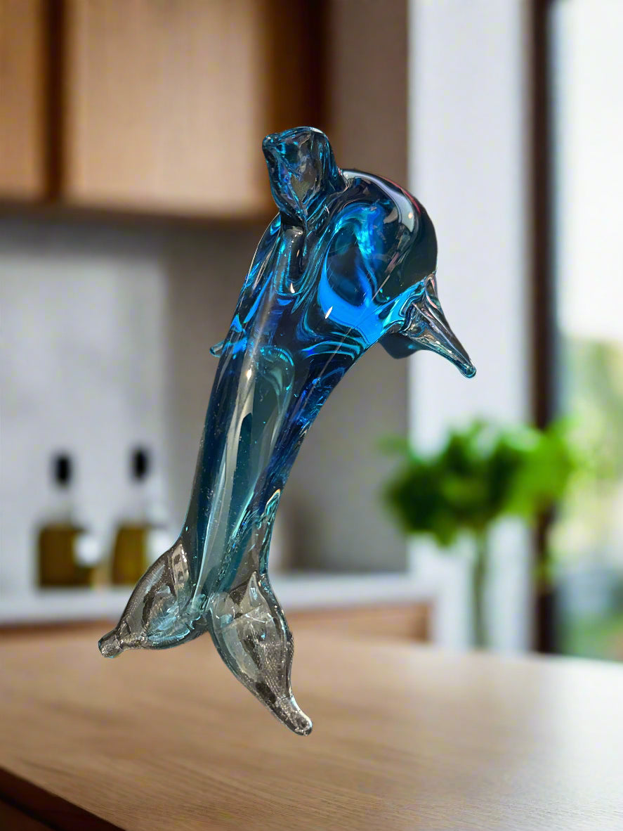 Large Crystal Blue Glass Art Dolphin Rare Find! 9.5" Long