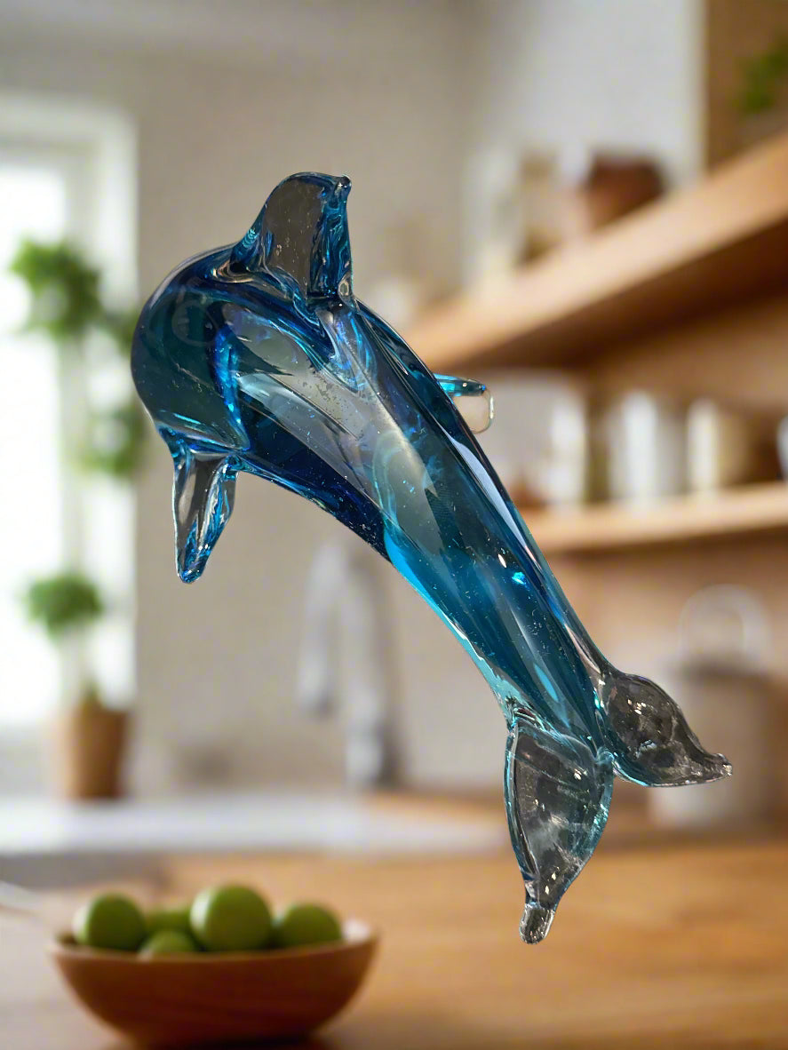 Large Crystal Blue Glass Art Dolphin Rare Find! 9.5" Long