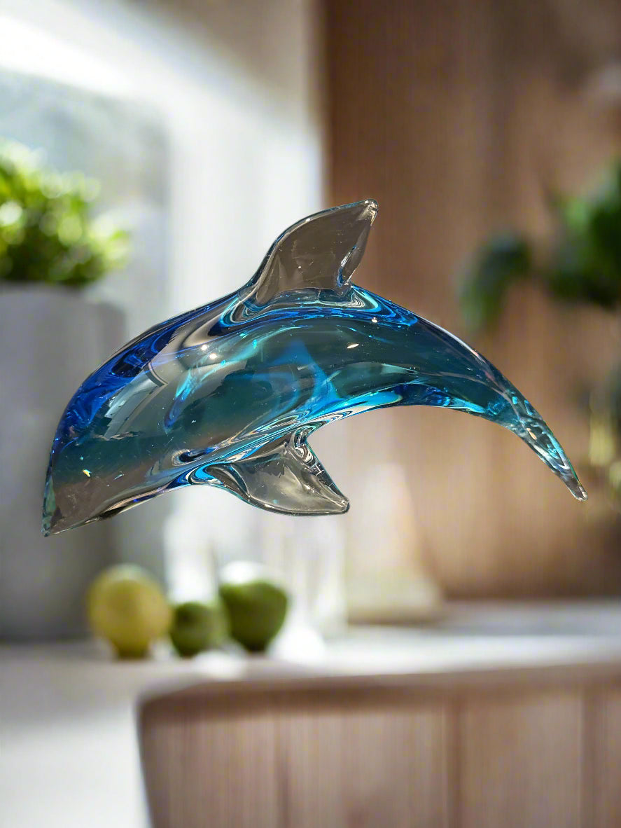 Large Crystal Blue Glass Art Dolphin Rare Find! 9.5" Long