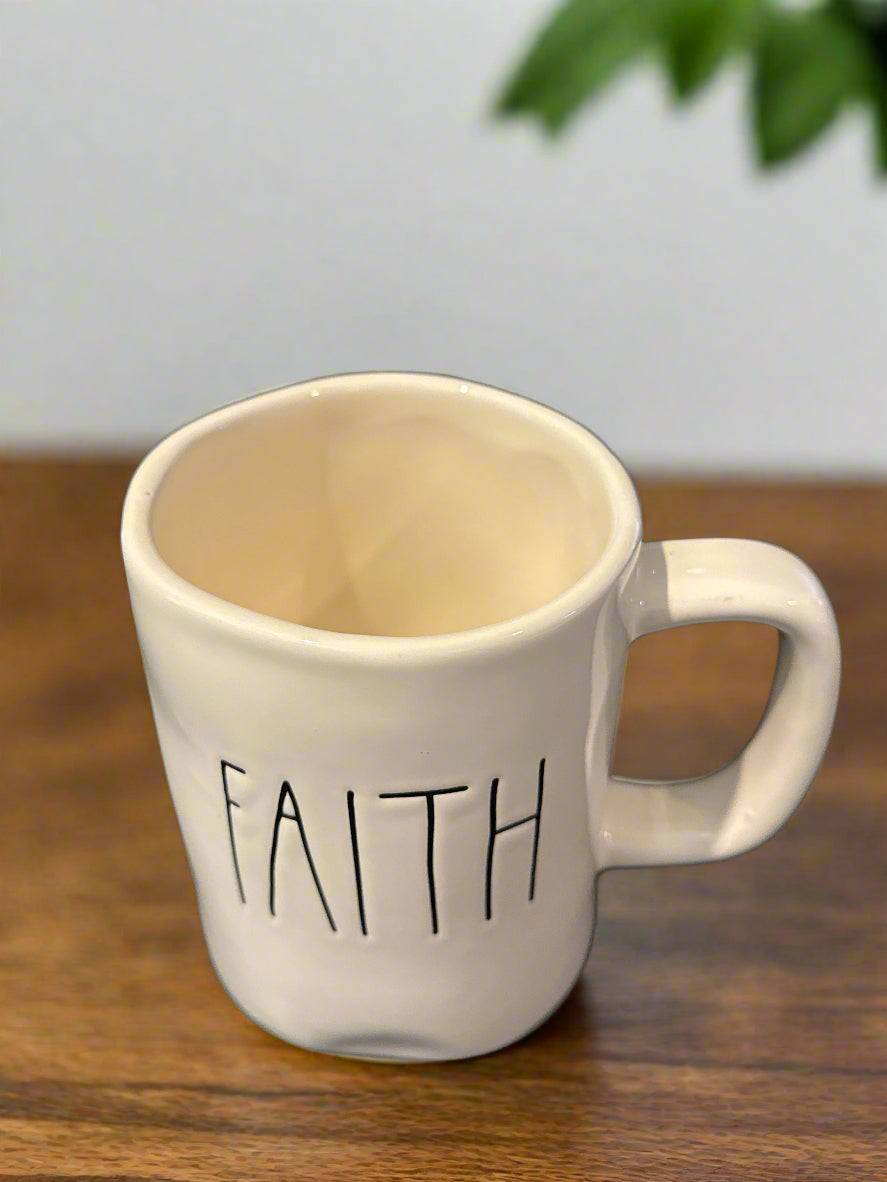 Rae Dunn Faith Coffee Mug Cup White with Long Letters Magenta 4.75" Tall