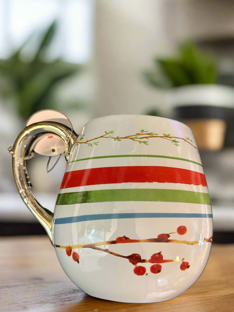 Hallmark Cards Coffee Cup Mug Belly Mug Rose Hips Branches Stripes 4.5" Tall New With Tags