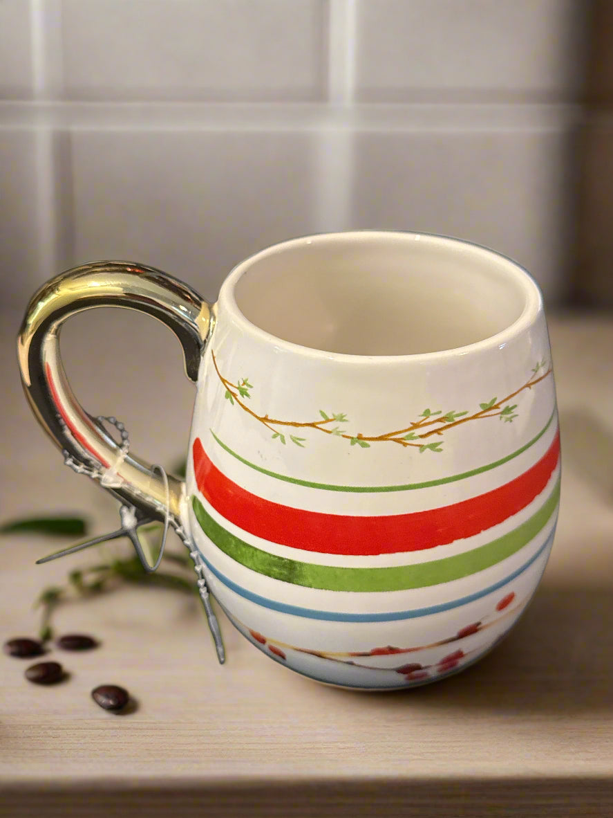 Hallmark Cards Coffee Cup Mug Belly Mug Rose Hips Branches Stripes 4.5" Tall New With Tags