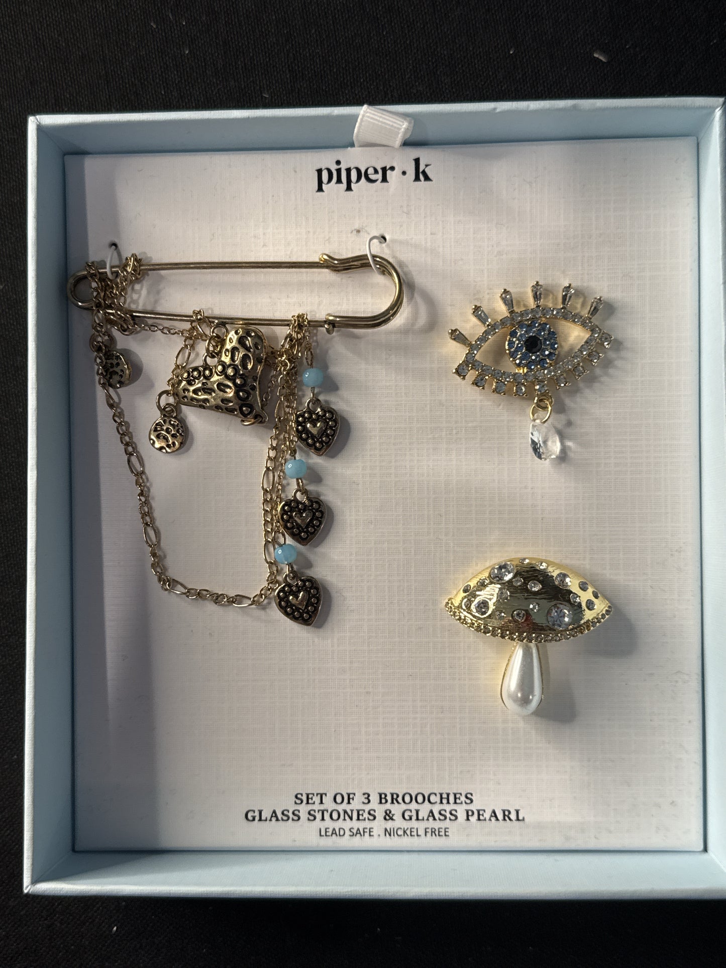 Piper K Set of 3 Brooches Glass Stone & Glass Pearl New in Box Evil Eye Mushroom