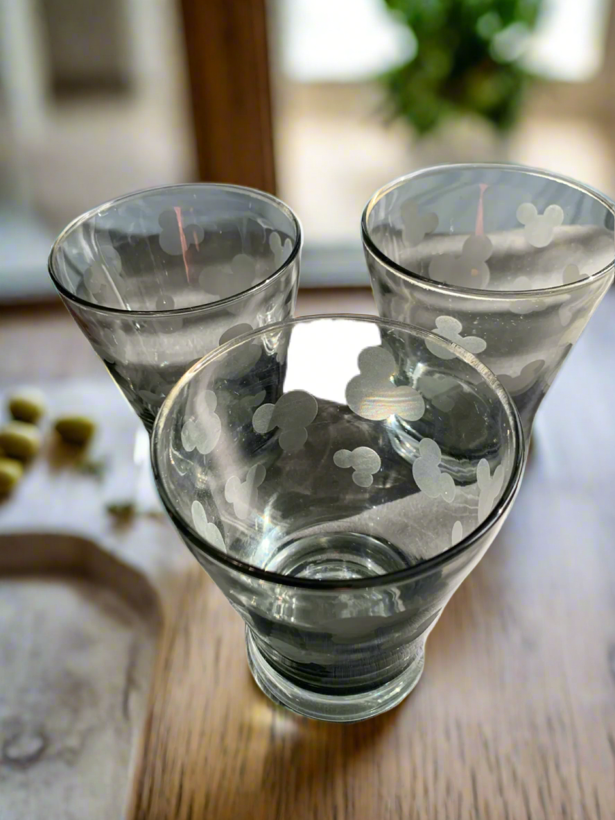 3 Mickey Mouse Disney Frosted Glass Tumblers with Etched Mickey Ears